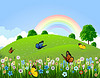 Green landscape with butterfly and rainbow